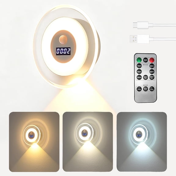 LED Clock Sensor Night Light, Smart Remote Wall Sconce, 3 Color Dimmable & Rechargeable Spotlight for Bedroom