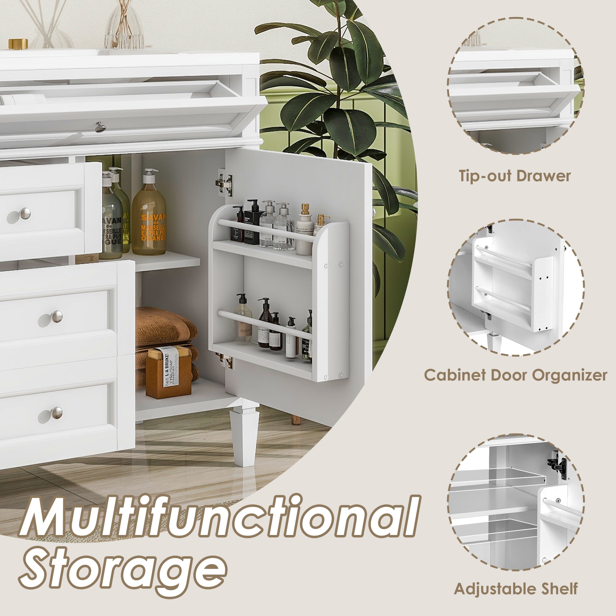 Euroco Freestanding Bathroom Vanity with Drawers and Cabinet Door Organizer, Modern Sink Cabinet, Easy Assembly
