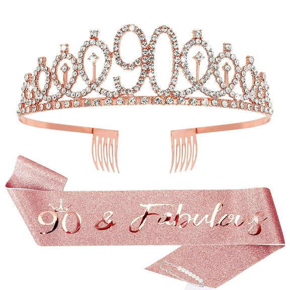 Osmanthus 90th Birthday Crown, Sash & Pearl Pin Set - Elegant Decorations & Gifts for Her 90th Fabulous Birthday