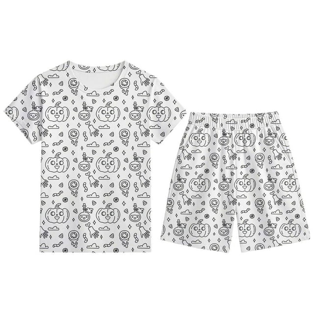 TIWEKE Tenues & Ensemble pour Garçons Ensemble de Pyjama d'Halloween pour Enfants Manches Courtes Col Rond Shorts Vêtements de Nuit Confortables Imprimé DIY Décontracté pour Garçons Filles, Taille 3-4 Ans