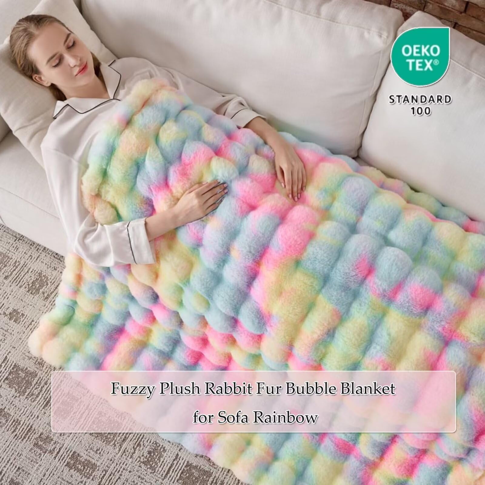 760GSM Faux Rabbit Faux Fur Throw Blanket,Super Thick Warm Bubble Blanket Throw,Fuzzy Luxury Plush Decorative Blanket for Couch Bed Sofa(Rainbow,80" x 90")