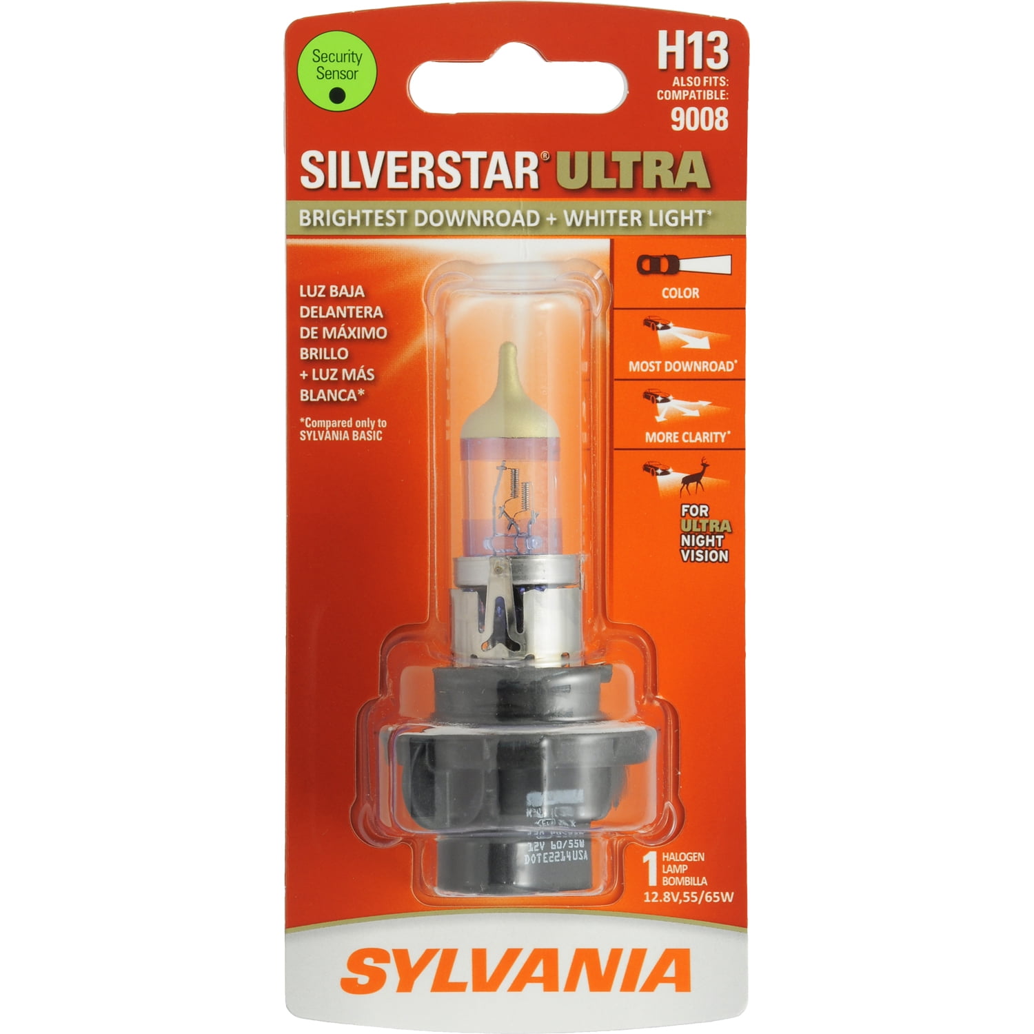 Sylvania H13 SilverStar Ultra Halogen Headlight Bulb, Pack of 1.