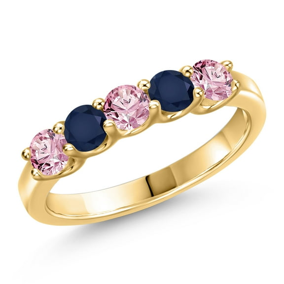 Gem Stone King 10K Yellow Gold Pink Lab Grown Diamond and Blue Sapphire Wedding-Bands Ring for Women | 0.98 Cttw | Round 3.5MM | Gemstone April Birthstone | Size 7