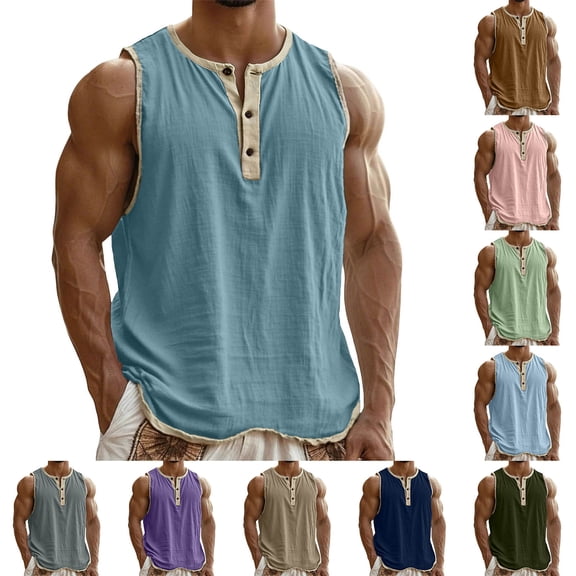 Pafei Tyugd Sleeveless Shirts for Men Big and Tall Cotton Linen Summer Tank Tops Lightweight Casual Button Up Henley Shirts Army Green M