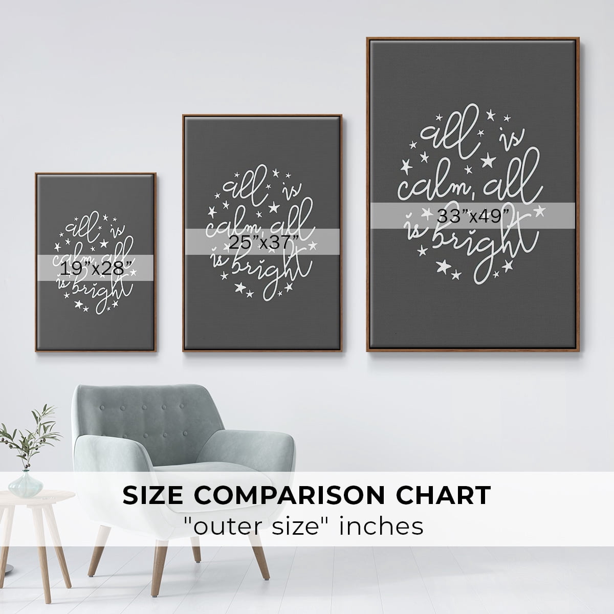All is Calm, All is Bright - Dark Gray - Framed Gallery Wrapped Holiday Canvas - 27 x 41 - Rosewood Frame