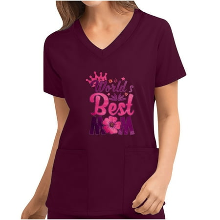 

qucoqpe Womens Plus Size Scrubs Women Short Sleeve V-neck Tops Uniform Mother s Day Printed Pockets Blouse Nursing Casual Nurse Shirts Scrubs on Clearance