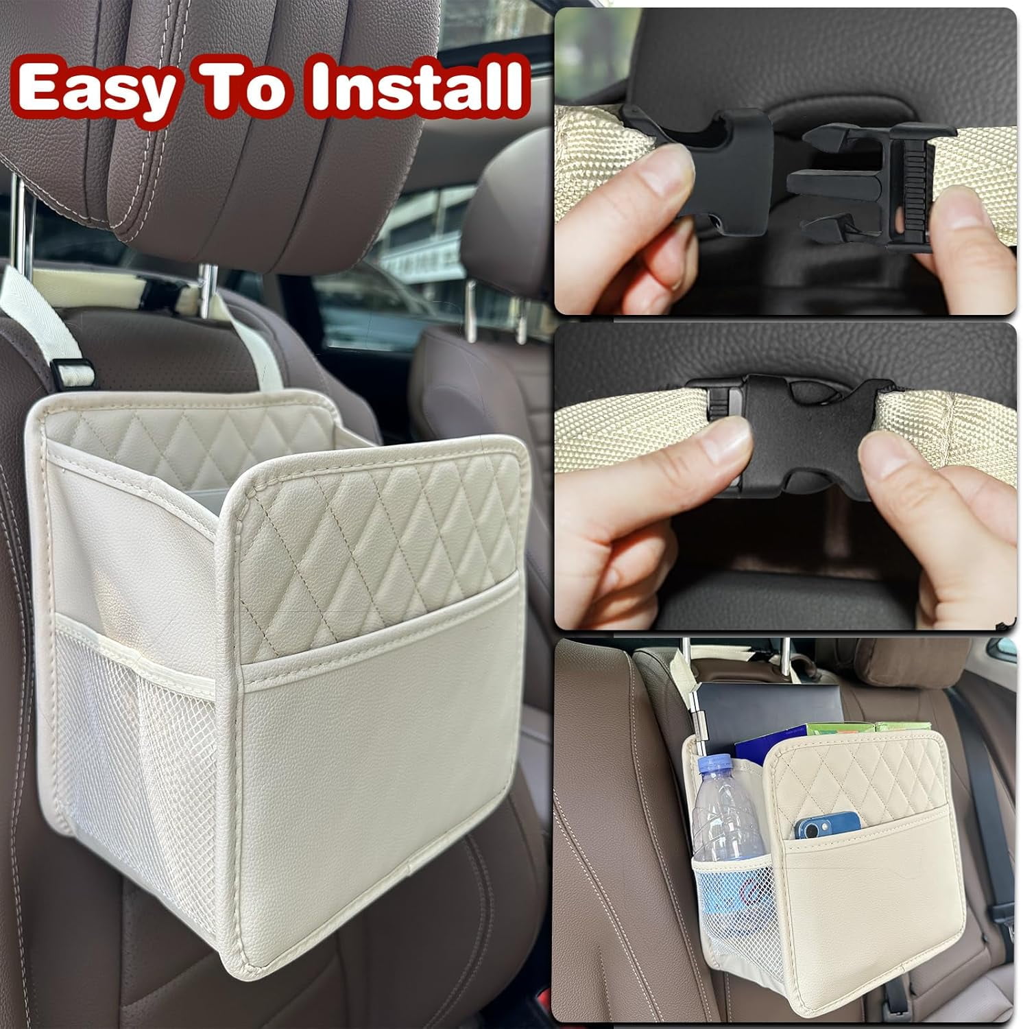 Witaxima Beige Car Trash Bag Hanging, 2.14 Gal Car Trash Can with Storage Pockets, PU Leather Backseat Organizer for Cars, SUVs, Trucks