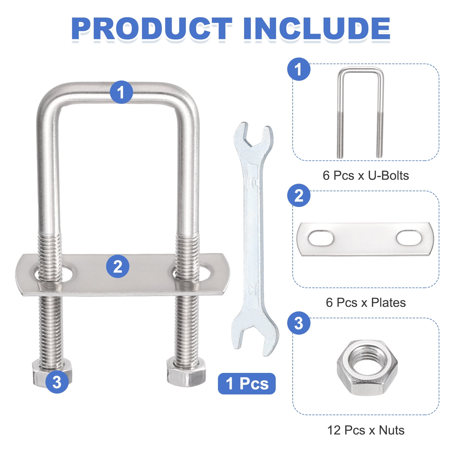 Uxcell 6 Sets M8 Square U-Bolts, 1.42" Inner Width 3.35" Length 304 Stainless Steel U Clamp Bolts with Nuts, Plates and Wrench
