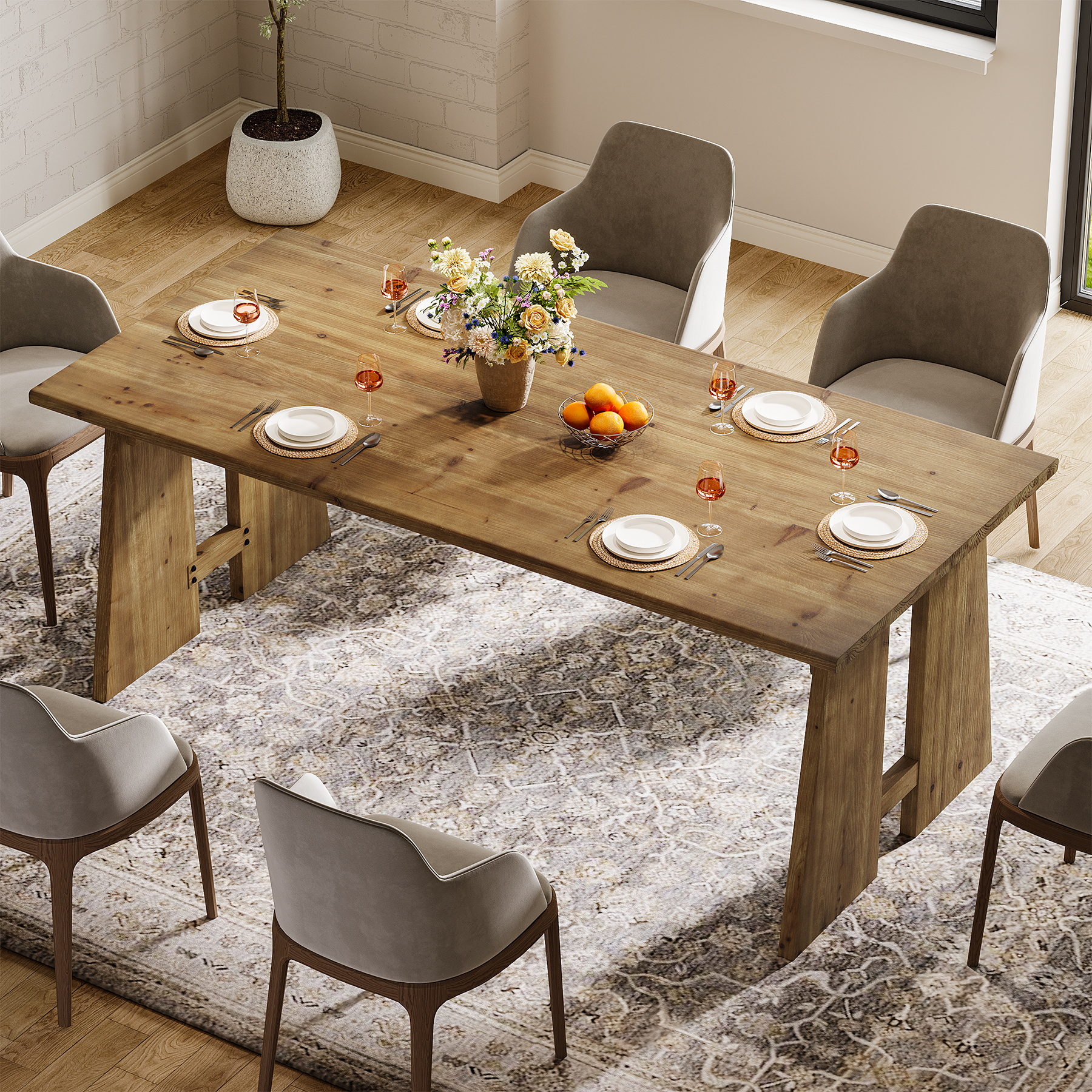Finmind 70.87" Solid Wood Dining Table for 6-8, Farmhouse Kitchen Table with Sturdy Legs, Rectangle Dinner Furniture for Kitchen, Living Room, Brown