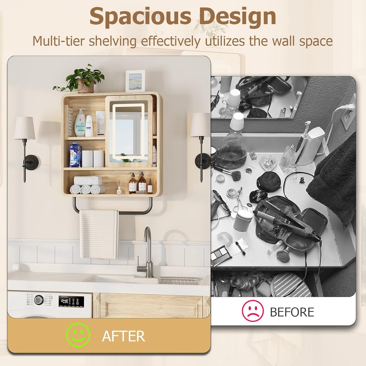 Vecenuy Modern Bathroom Wall Cabinet with Mirror, over-The-Toilet Storage & Towel Bar, Sliding Door, 3 Lighting Modes & Adjustable Brightness, Natural Oak