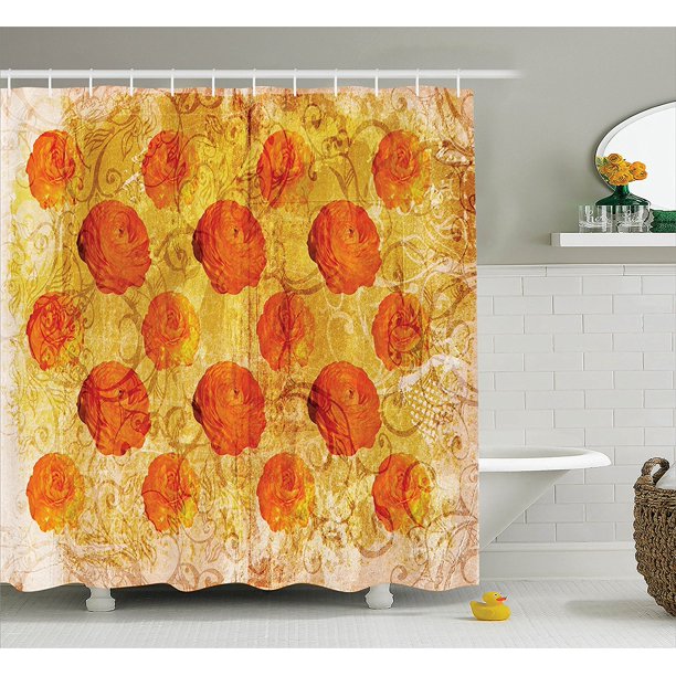 Burnt Orange Decor Shower Curtain Set by , Vintage Rose Flower Pattern