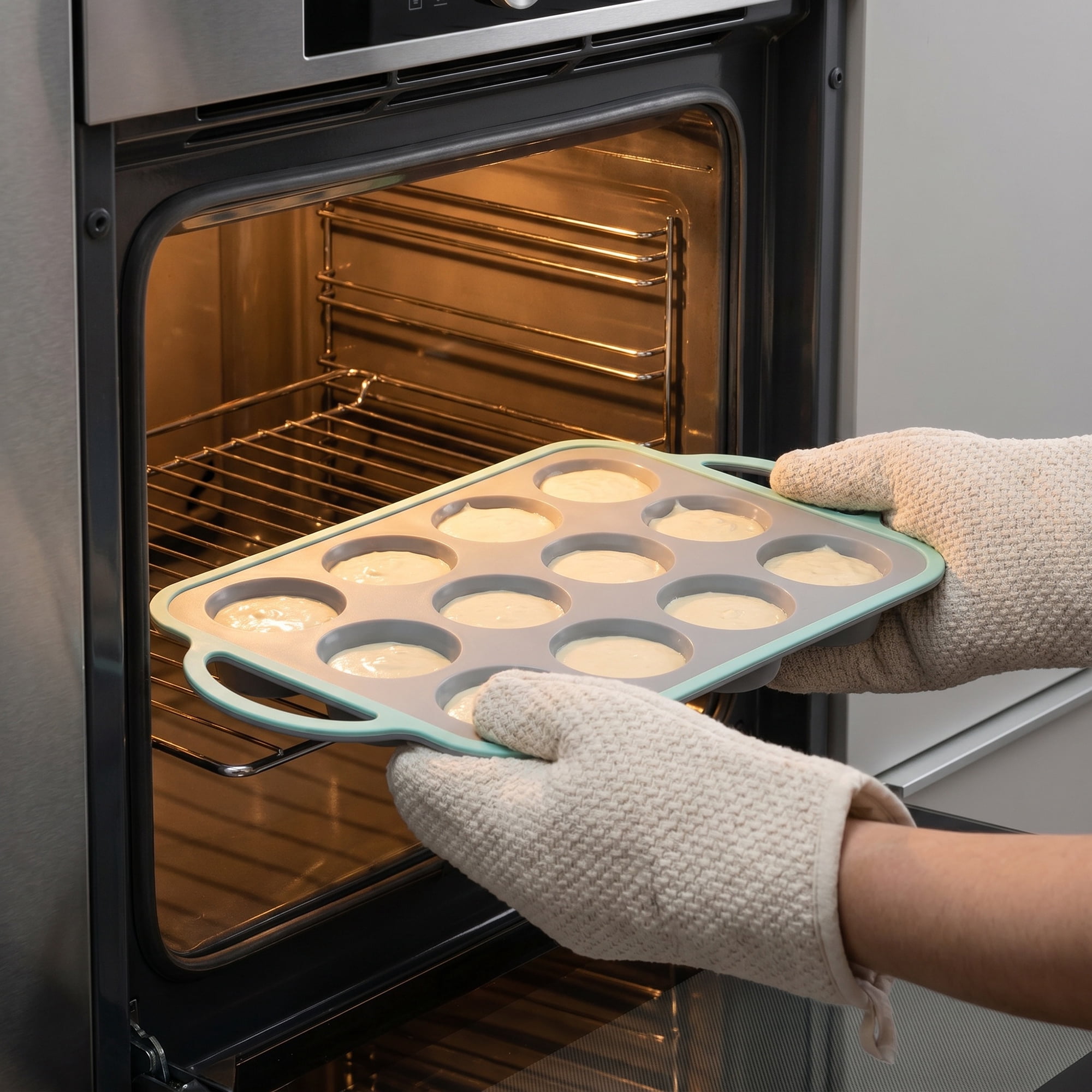 Unique Bargains Baking Pan 12-Cup Silicone Tray with Handles Gray/Green 14.8"x8.9"x1.3"