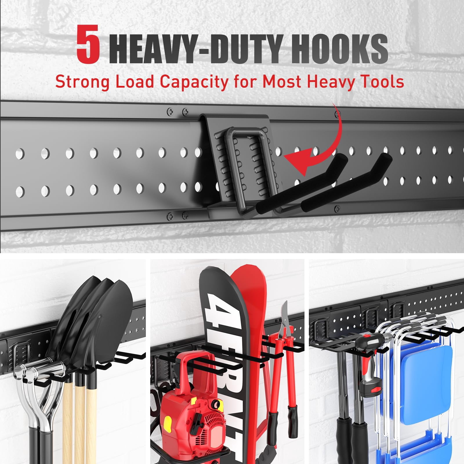 Garage Tool Organizer Wall Mount 48 inches with 10 Adjustable Heavy-Duty Hooks, Garage Organization, Garden Tool Storage Rack, Yard, and Shed, Holds Up to 400 lbs