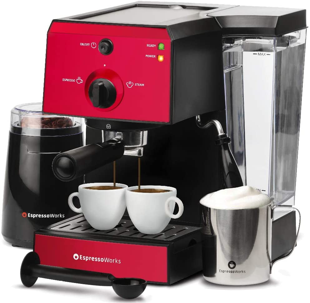 Espresso Machine & Cappuccino Maker with Milk Steamer- 15 Bar Pump, Pc All-In-One Barista Bundle Set w/ Built-in Frother (Inc: Coffee Bean Grinder, Milk Frothing Cup, Tamper & 2 Cups), 1350W (