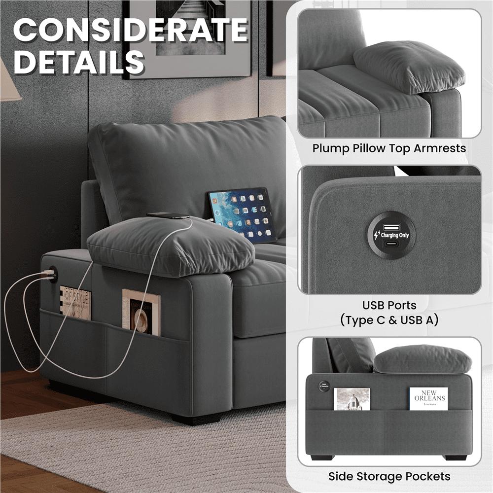 Renwick 2 Seater Velvet Sofa Couch with Pillow Top Arms & USB Charging Ports, Gray