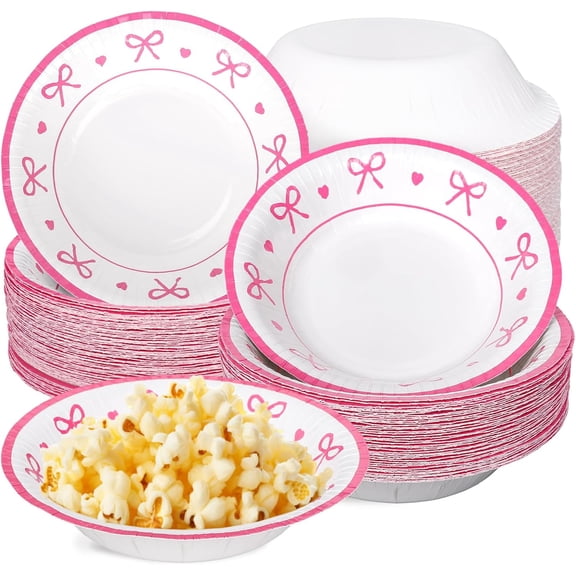 50Pcs Pink Bow Heart Paper Bowls 16 Oz Coquette Bowknot Party Bowls Disposable Soup Snack Dessert Serving Bowl for Holiday Wedding Baby Shower Birthday Party Supplies