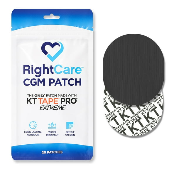 RightCare CGM Adhesive Patch made with KT Tape, Universal, Covered Oval, Black, Bag of 25