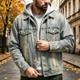 thumbnail image 2 of Jerdar Men's Faux Two Piece Hooded Denim Trucker Jacket Lapel Collar Button Flap Pockets Washed Long Sleeve Loose Fit Vintage Casual Fall Winter Streetwear Jean Outerwear Coat Top, 2 of 4