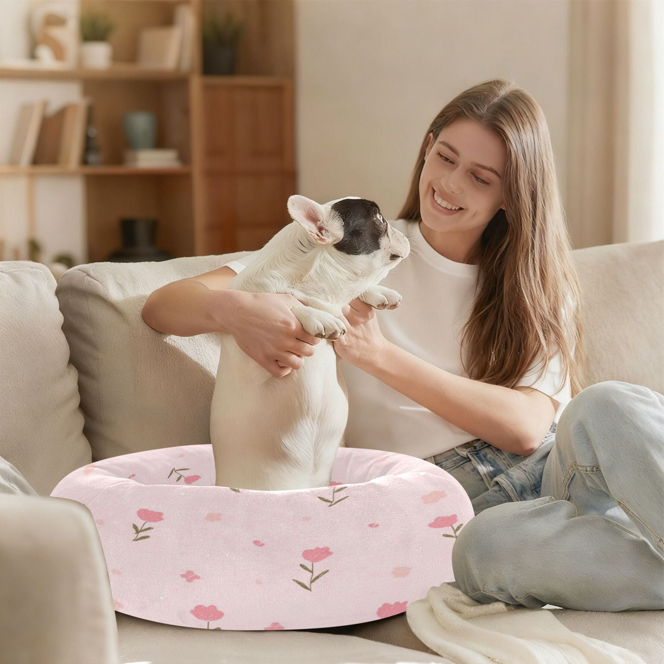 Iauyy Pet Couch Donut Cat Bed for Indoor Cats/Small Dogs Washable & Machine with Non-slip Bottom Calming Cat Furniture, The Atmosphere Of Spring (S)