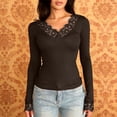 thumbnail image 5 of Fmbrln Women's Lace Trim V Neck Long Sleeve Tops Slim Fit Solid Fashion Daily T Shirt, 5 of 5