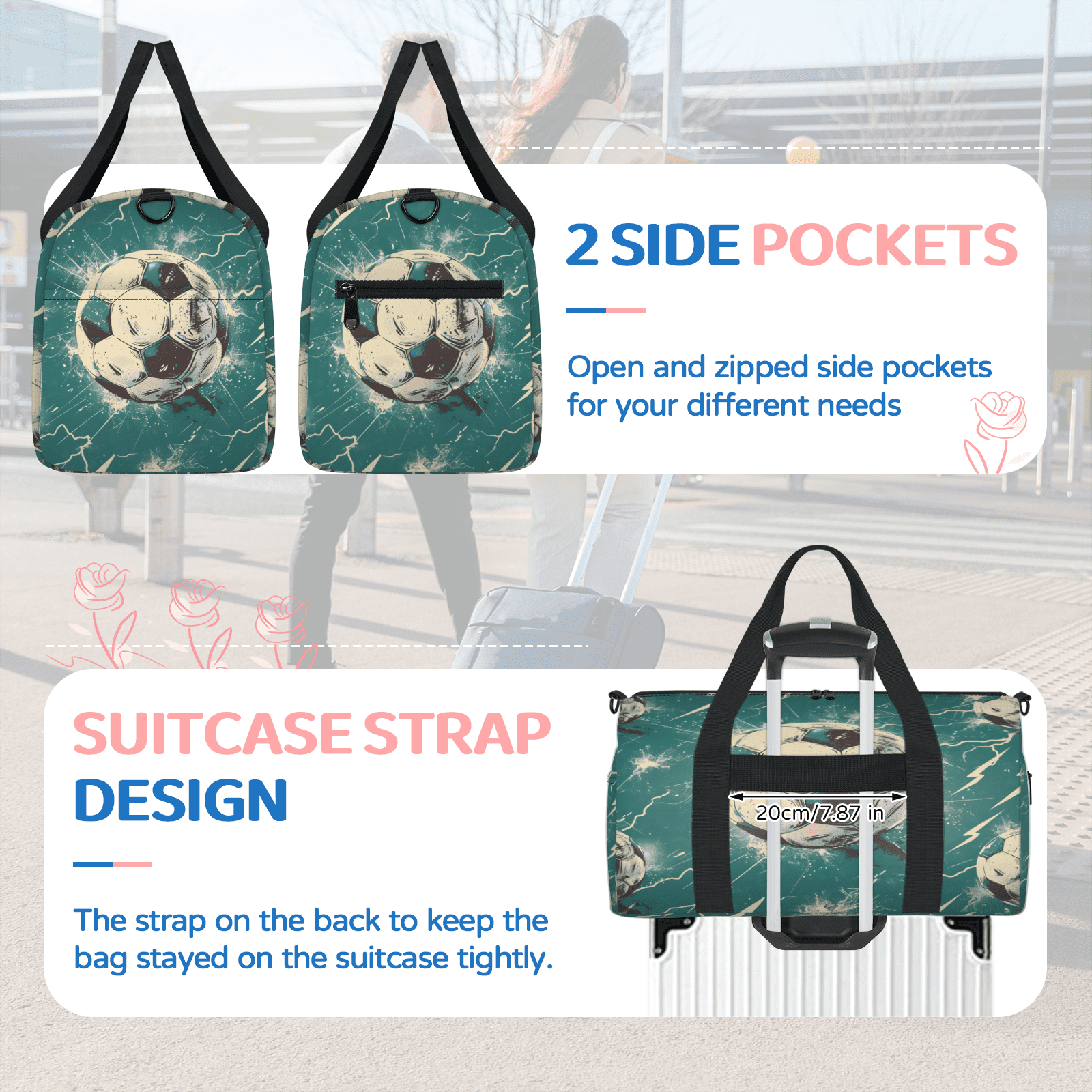 Herdesigns Sports Soccer Gym Bag for Women, Duffle Bag for Travel Sport, Lightning Lightweight Waterproof Carry on Weekender Dance Yoga Workout Bags