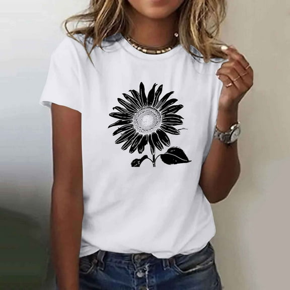 Aboser Womens Summer Tops Casual Cotton T-Shirts Short Sleeve Beach Vacation Tshirts Trendy Sunflower Graphic Tees Loose Fit Breathable Daily Shirt