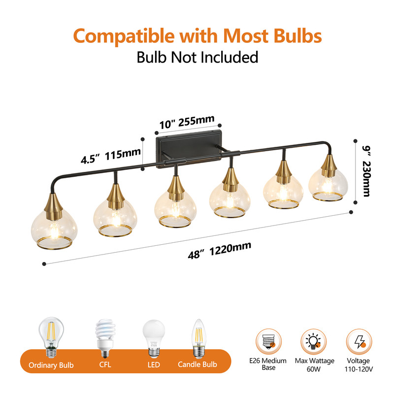 48" Modern Black and Gold 6-Light Bathroom Vanity Light Fixture, Clear Glass Shades Wall Sconce for Mirror, Living Room, or Vanity (Bulbs Not Included)