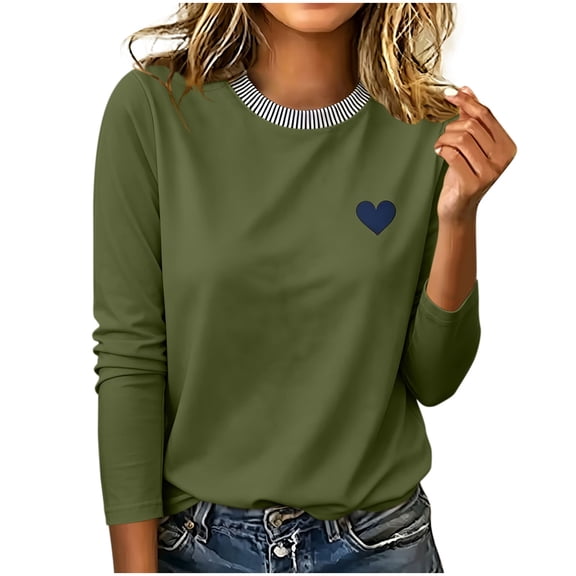 Perfectbot Women's Casual Long Sleeve Tee, Crew Neck Heart Print S-5XL Daily Wear T-Shirts for Fall & Spring