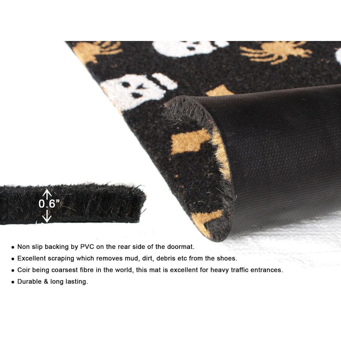 RugSmith White Machine Tufted Spider web & Skeletons Doormat, 18" x 30"