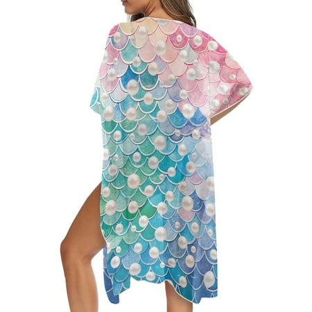 DISNIMO Scale Pearl Print Women s Summer Bikini Cover Ups Casual Fashion Kimono Bathing Suit Coverup Long Loose Open Front Beach Cover Up