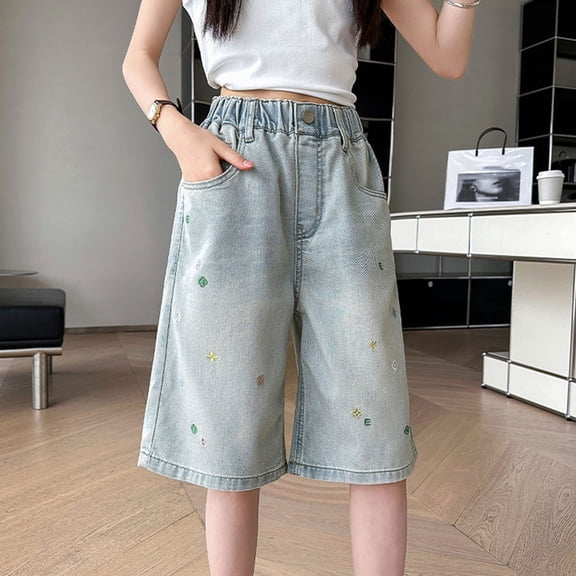 Amidoa Girls Jeans Shorts Elastic Waist Casual Wide Leg Baggy Sports Summer Kids Denim Shorts Light Blue Size 10