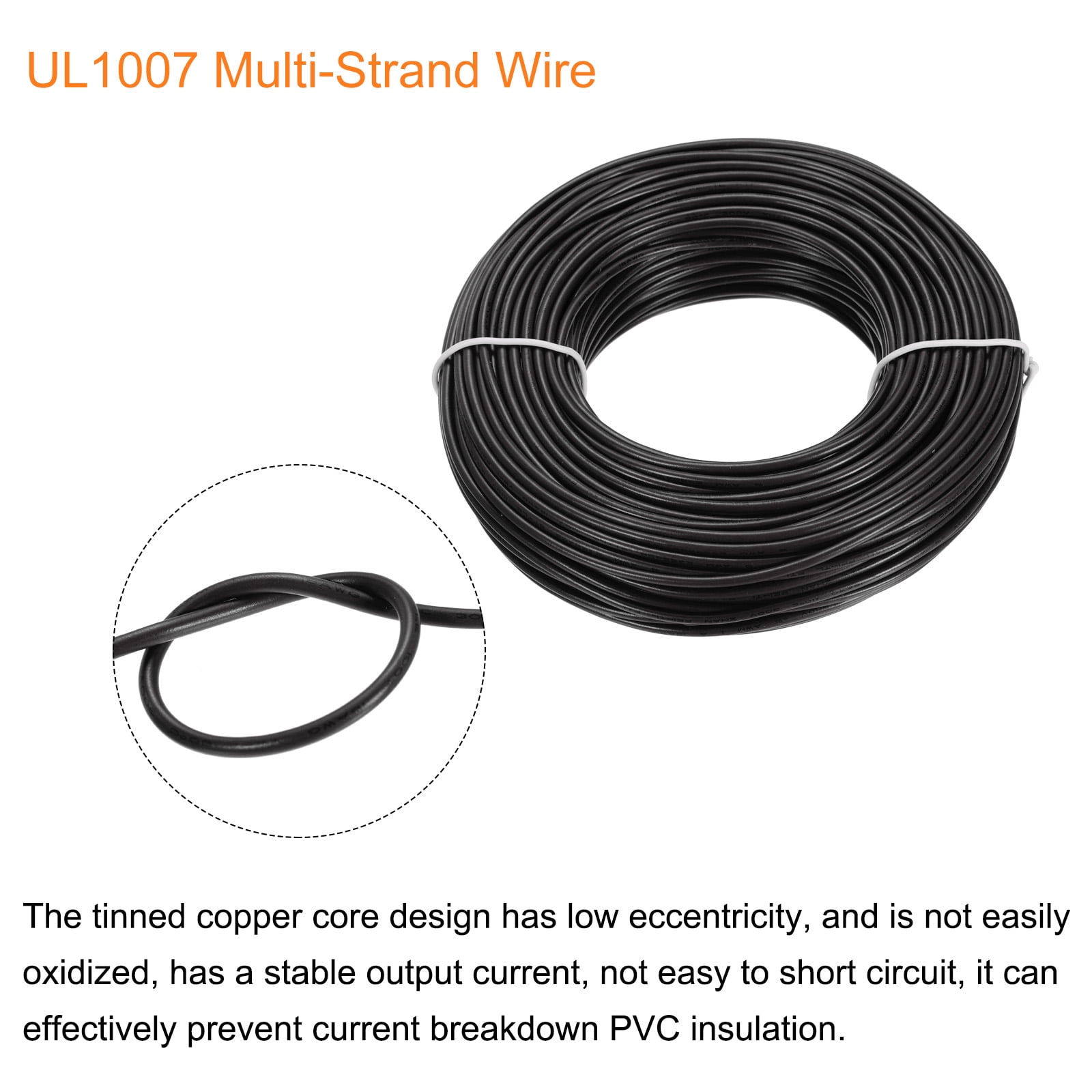 UL1007 18AWG Gauge Stranded Hook-Up Wires, Electrical Wire Tinned Copper Wire 30m/100ft Black