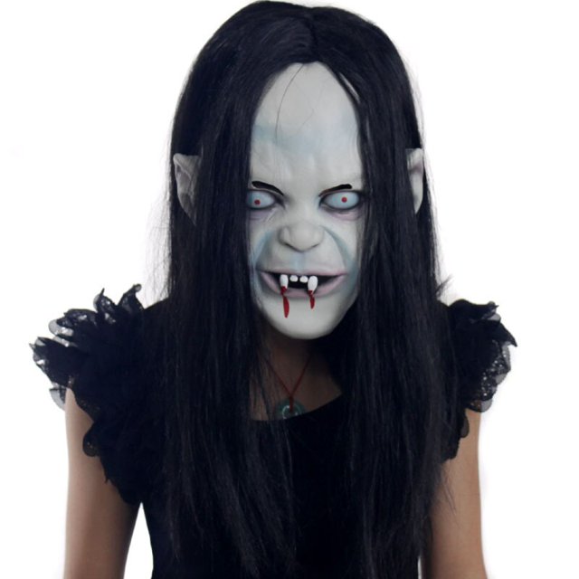 Máscara de fantasma de Halloween con cara de fantasma de terror, piel de látex de zombi de terror con peluca de simulación (cabello negro), tamaño: 25 x 21 cm, peso: 180 g