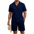 thumbnail image 2 of Fwqbns Men's Summer Casual Loose Fit Elastic Waist Shorts and Short Sleeve Button Up Shirt Set with Pockets, Breathable Solid Color Outfit Navy, 2 of 6