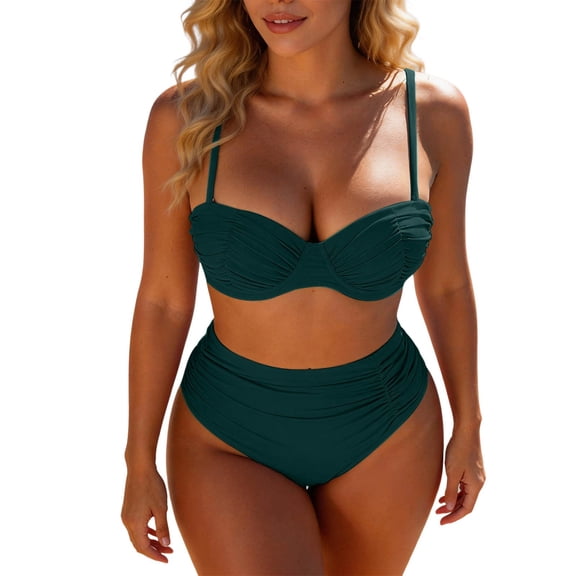 XIYON Womens Bikini Sets Two Piece Swimwear Bikini Top With High Waist Bottoms Solid Color Tankini Beachwear Classic