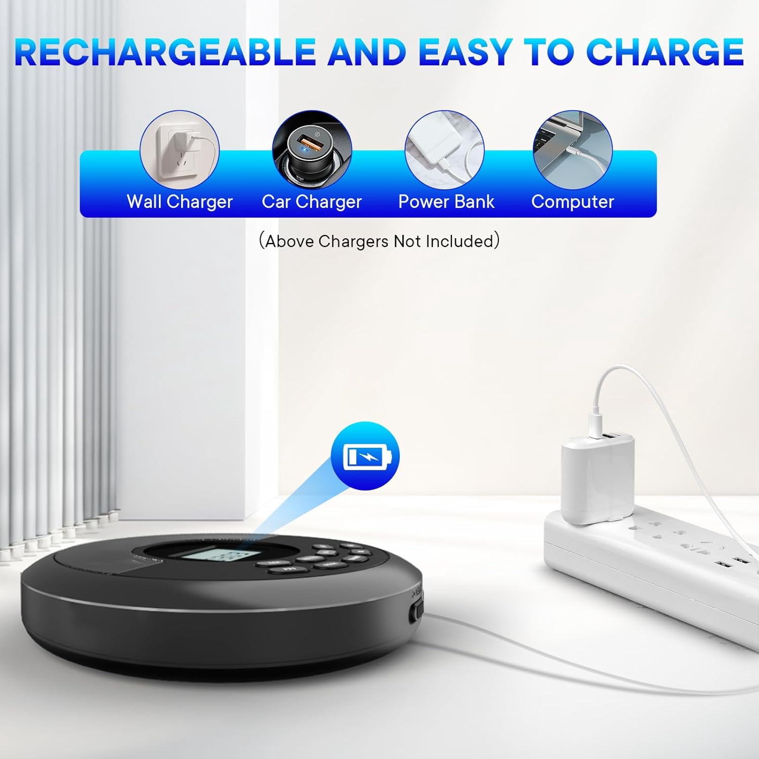 Bluetooth CD Player Portable Walkmans with Headphones, Rechargeable CD Player for Car and Travel, AUX Cable