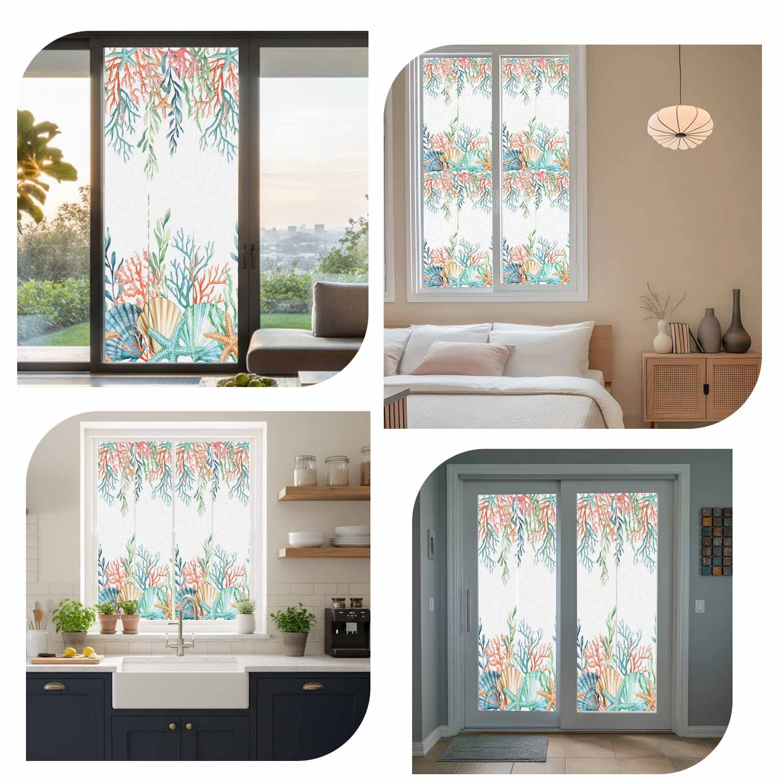 Marine Life Window Privacy Film,Nautical Underwater Coral Shell Starfish Watercolor Static Cling UV Sun Blocking Window Tint Day and Night,Non-Adhesive One Way Privacy Cover 35.4''x78.7''