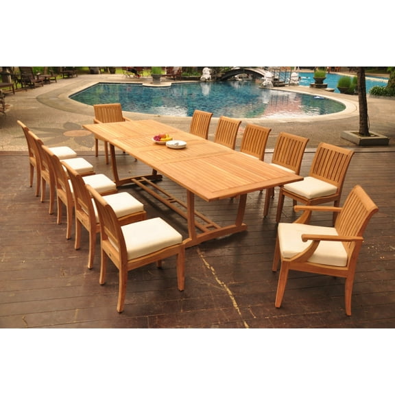 Grade-A Teak Dining Set: 12 Seater 13 Pc: 118" Double Extension Mas Rectangle Trestle Leg Table And 12 Lagos Chairs (2 Arm & 10 Armless Chairs) WholesaleTeak #WMLG14