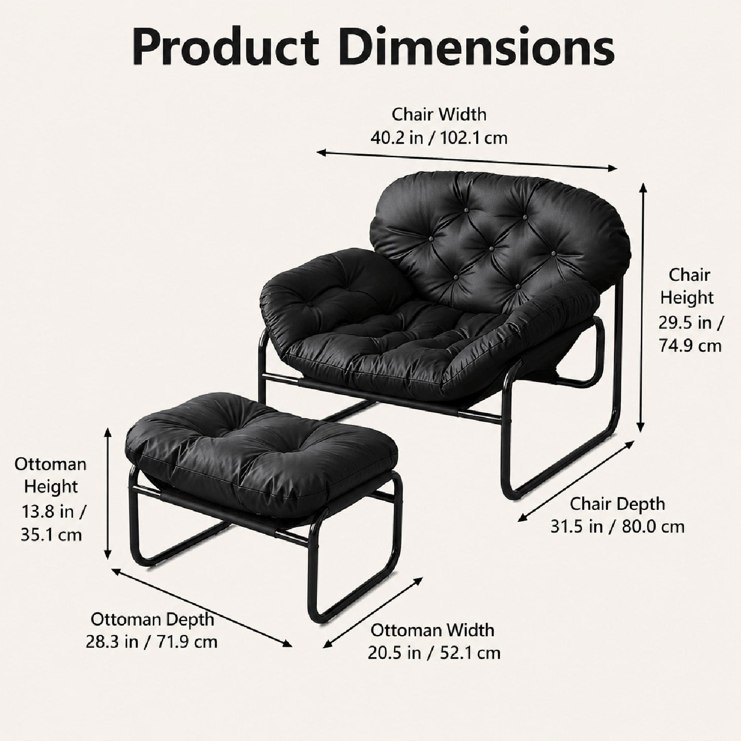 Lazy Chair with Footstool, Thick Cushioned Recliner with Faux Leather Upholstery and Stainless Steel Frame, Ergonomic Accent Chair for Living Room, Bedroom, Dorm