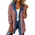 thumbnail image 2 of XUNKUSGA Women's Color Block Denim Trim Corduroy Jacket Fashion Lapel Button Down Long Sleeve Outerwear Coats Casual Patchwork Mid Length Suit Jackets for Women Pink L, 2 of 9