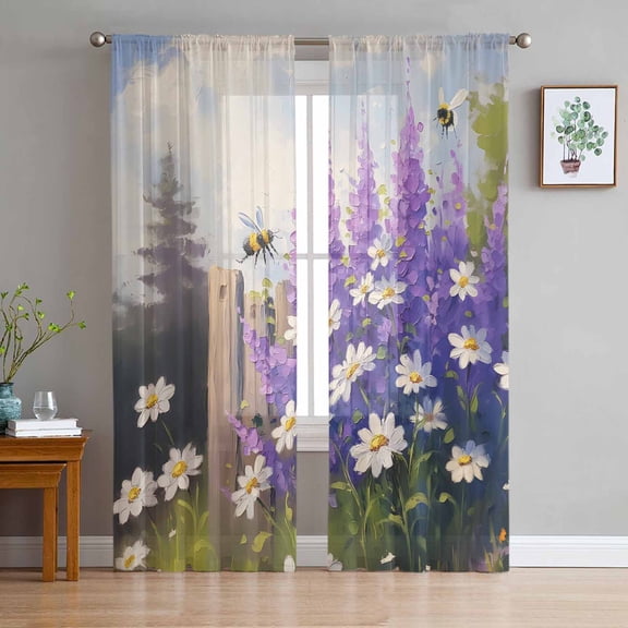 Purple Spring Floral Sheer Curtains 96 Inches Long 2 Panels Set, Window Sheer Curtains for Living Room/Bedroom, Watercolor Lavender Bee Daisy Botanical Light Filter Rod Pocket Curtain 52'' x 96'' x 2