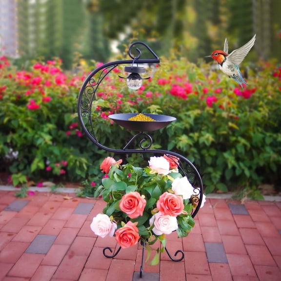36" Black Metal Bird Bath with Solar Lights and Flower Planter Pedestal