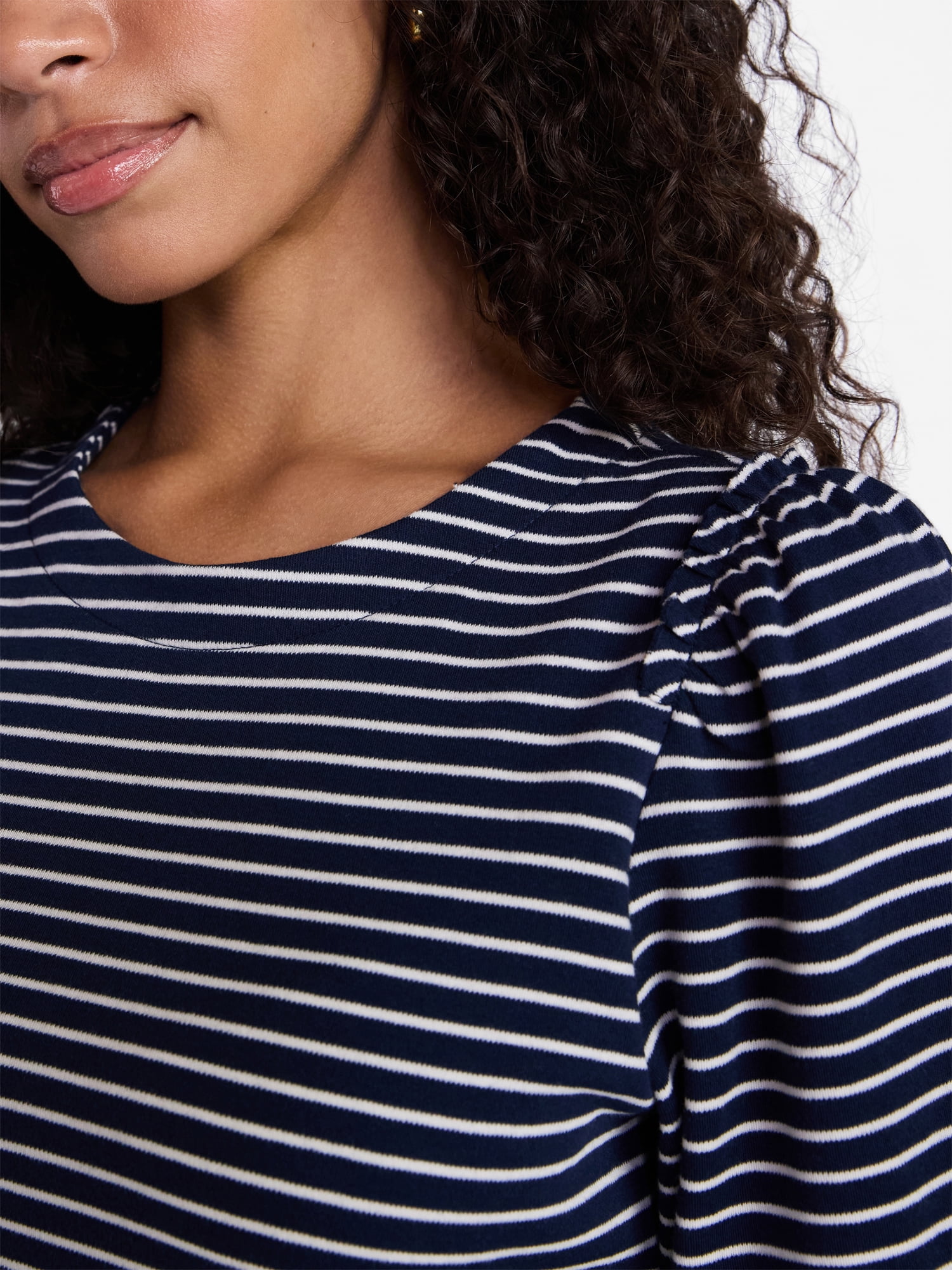 Time and Tru Women's Cotton Crewneck Tee with Puff Sleeves, Sizes XS-XXXL
