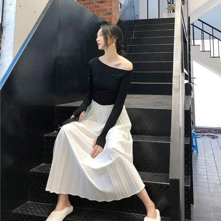 DanceeMangoo Black White High Waist Pleated Skirt for Women Korean