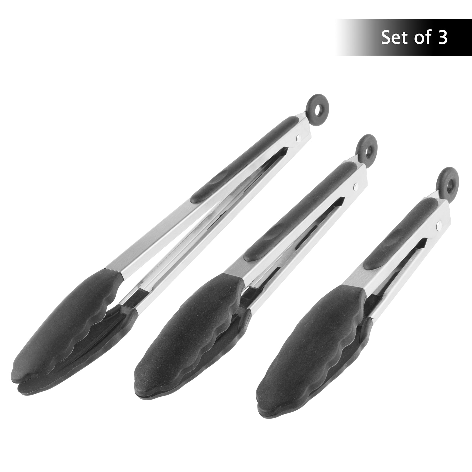3 black silicone tongs Walfos Kitchen Tongs Stainless Steel and BPA Free Silicone Tips 7 9 and 12 Grilling Turning Great for Cooking Heat Resistant Cooking Tongs Set of 3
