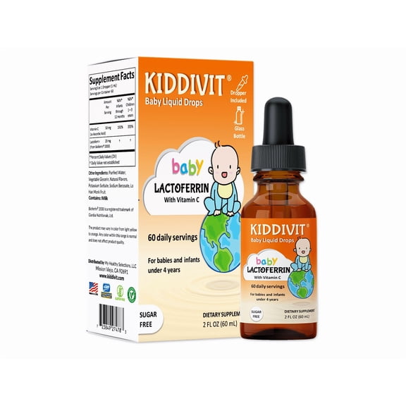 Kiddivit Baby Lactoferrin with Vitamin C - 60 Daily Servings, 2 fl oz (60 ml) - Dropper Included, Glass Bottle - Sugar Free, Gluten Free, Vegetarian Friendly