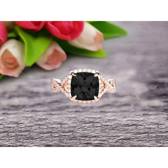 Staggering Looking 2.05 Carat Cushion Cut Black Diamond Moissanite Engagement Ring 10k Rose Gold Halo Wedding Ring Anniversary Promise Surprisingly Ring