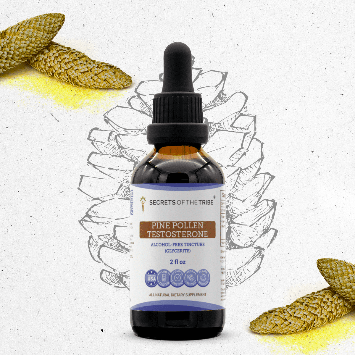 Secrets Of The Tribe Pine Pollen Testosterone Dietary Supplement, Natural Herbal Tincture for Hormonal Support, Pine Pollen (Scots Pine, Pinus sylvestris) Dried Pollen, Alcohol-Free Extract, 2 oz