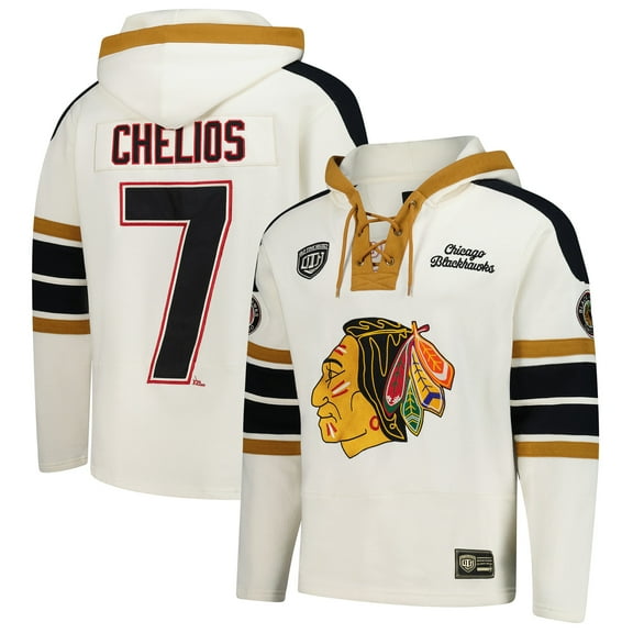Men's-'47 Chris Chelios Cream Chicago Blackhawks Blue Line Heritage Name & Number Lace-Up Pullover Hoodie