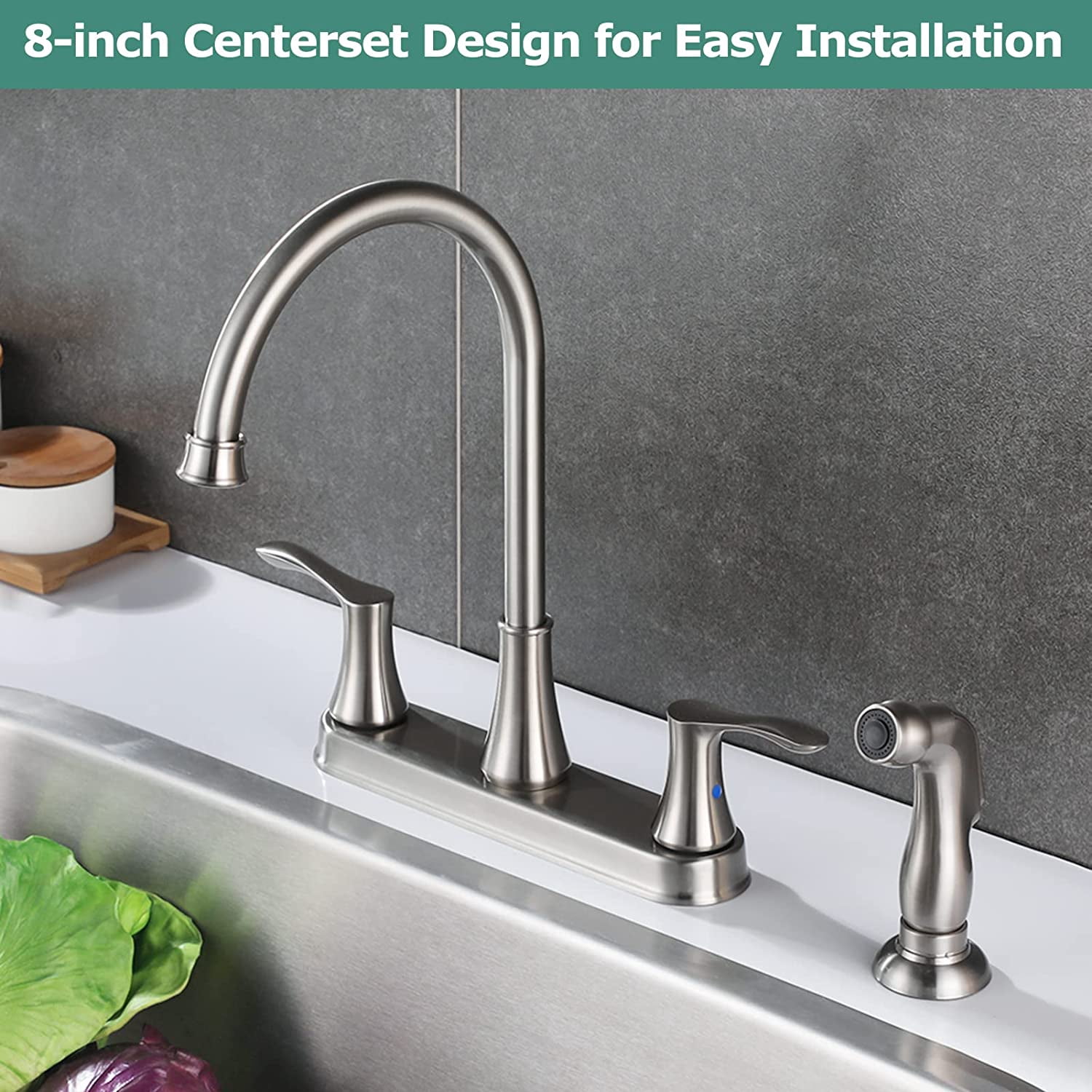 PARLOS 8-Inch High Arch Two-Handle Kitchen Sink Faucet with Side Sprayer and Supply Lines, Brushed Nickel